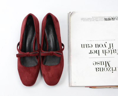 新款春秋2017 文藝學院蝴蝶結方頭絨面粗跟中跟 伴娘婚鞋瑪麗珍女單鞋 岸森坡跟單鞋型號【價格 圖片 品牌 報價】-蘇寧易購富天興鞋帽服飾專營店